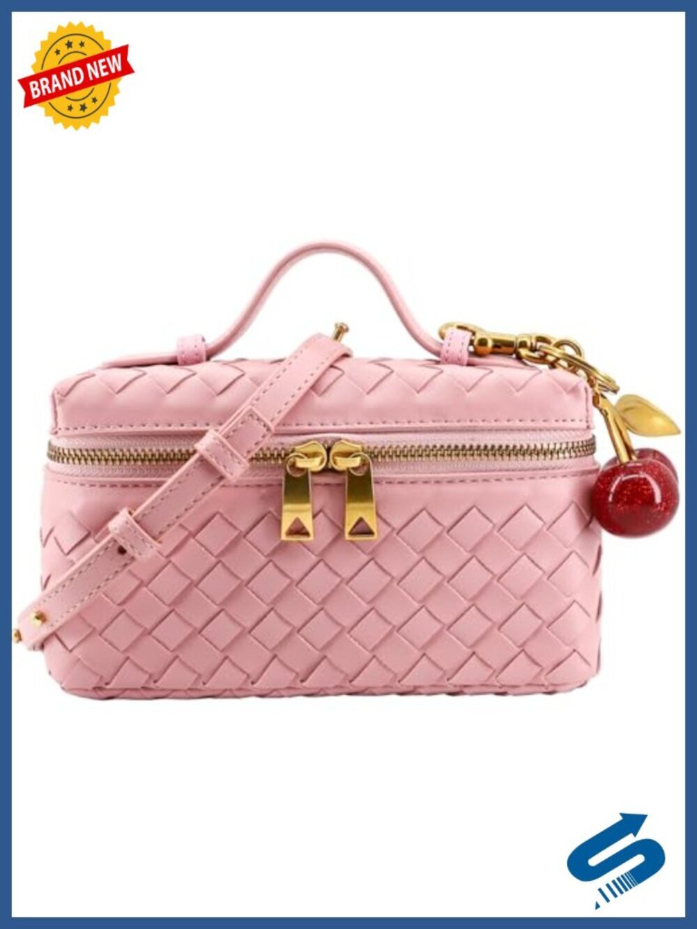 Woven Crossbody Bag with Cherry Charm - Mini Leather Clutch Purse Top Handle